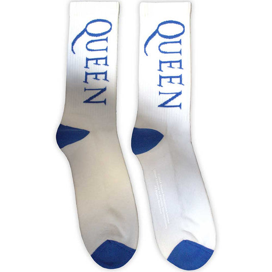 Queen Unisex Terry Socks: Blue Logo (White)