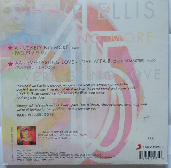 Steve Ellis / Love Affair – Lonely No More / Everlasting Love - GOLD COLOURED VINYL 7" - NEW