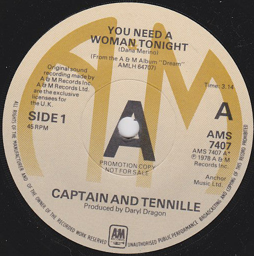 Captain & Tennille - You Need A Woman Tonight - PROMO ONLY 7" SINGLE (used)