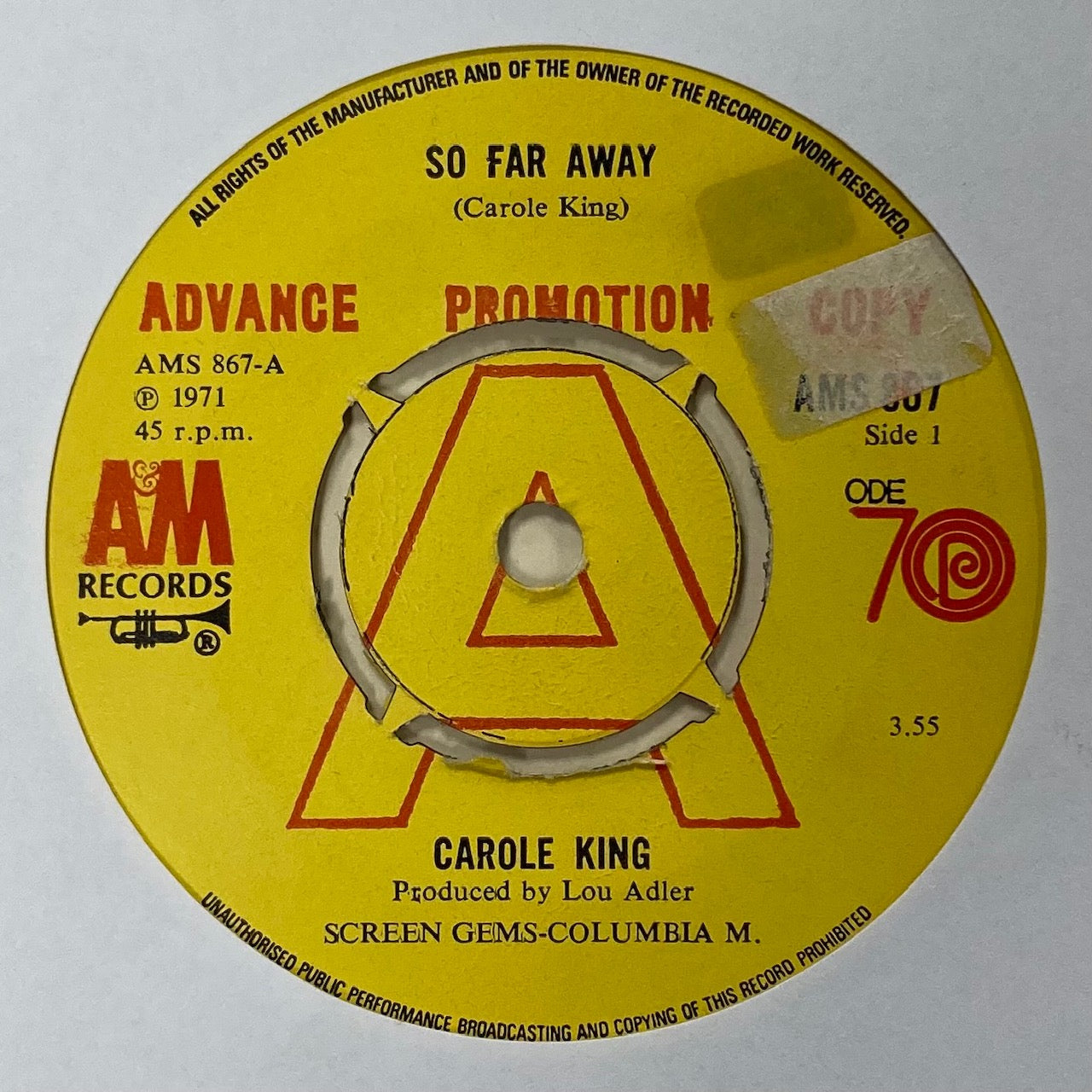 Carole King - So Far Away - RARE ORIGINAL PROMO ISSUE 7" SINGLE (used)
