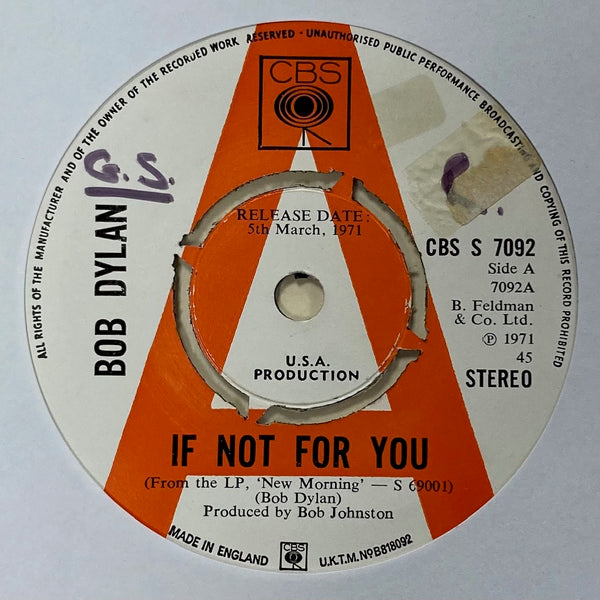 Bob Dylan - If Not For You - PROMO ISSUE 7" SINGLE (used)