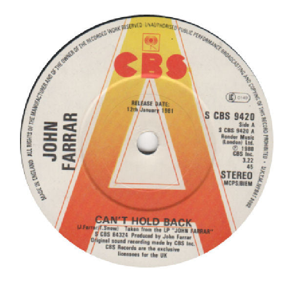 John Farrar - Can't Hold Back - PROMO Only Issue 7" SINGLE (used)