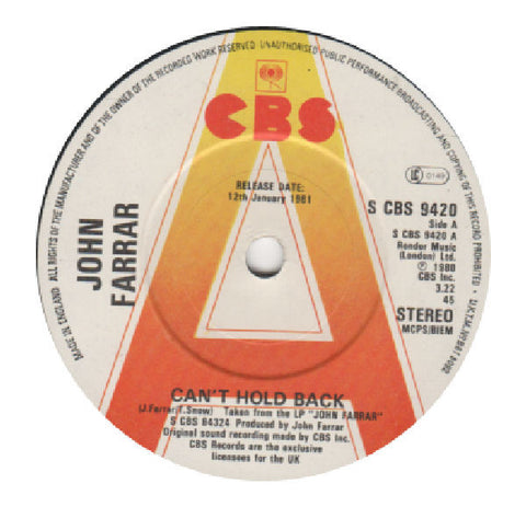 John Farrar - Can't Hold Back - PROMO Only Issue 7"