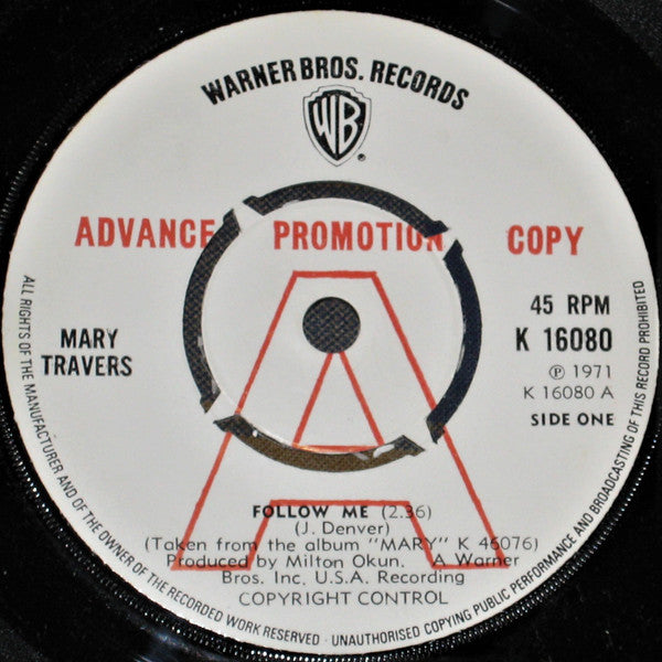 Mary Travers- Follow Me - PROMO Only Issue 7" SINGLE (used)