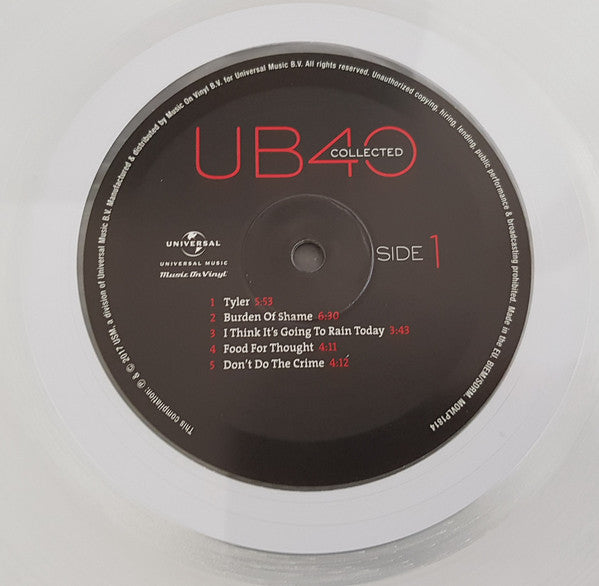 UB40 ‎– Collected 2 x TRANSLUCENT CLEAR COLOURED VINYL 180 GRAM LP SET NUMBERED LIMITED EDITION